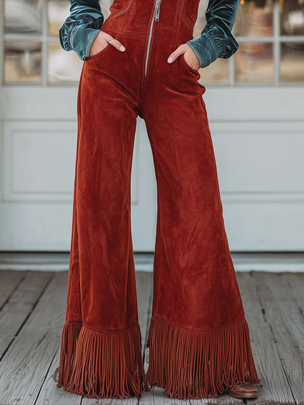 Western Retro V-Ausschnitt Reißverschluss Rote Kunstwildleder Weite Bein Quasten Latzhose im modernen Stil