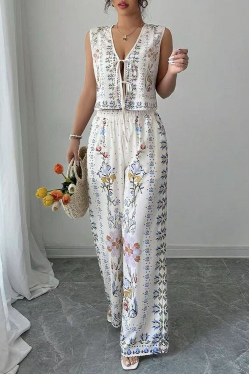 Weste mit Bindeband & Hosen-Set mit weitem Bein – Himmelblauer Muster