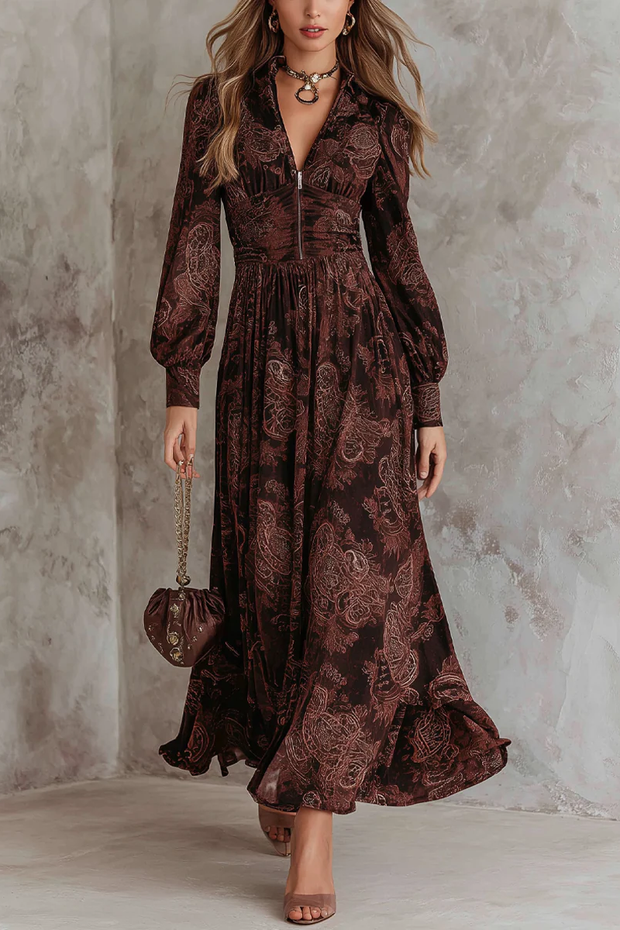 Braunes Paisley-Muster Langes Kleid mit Reißverschluss und Taillengürtel