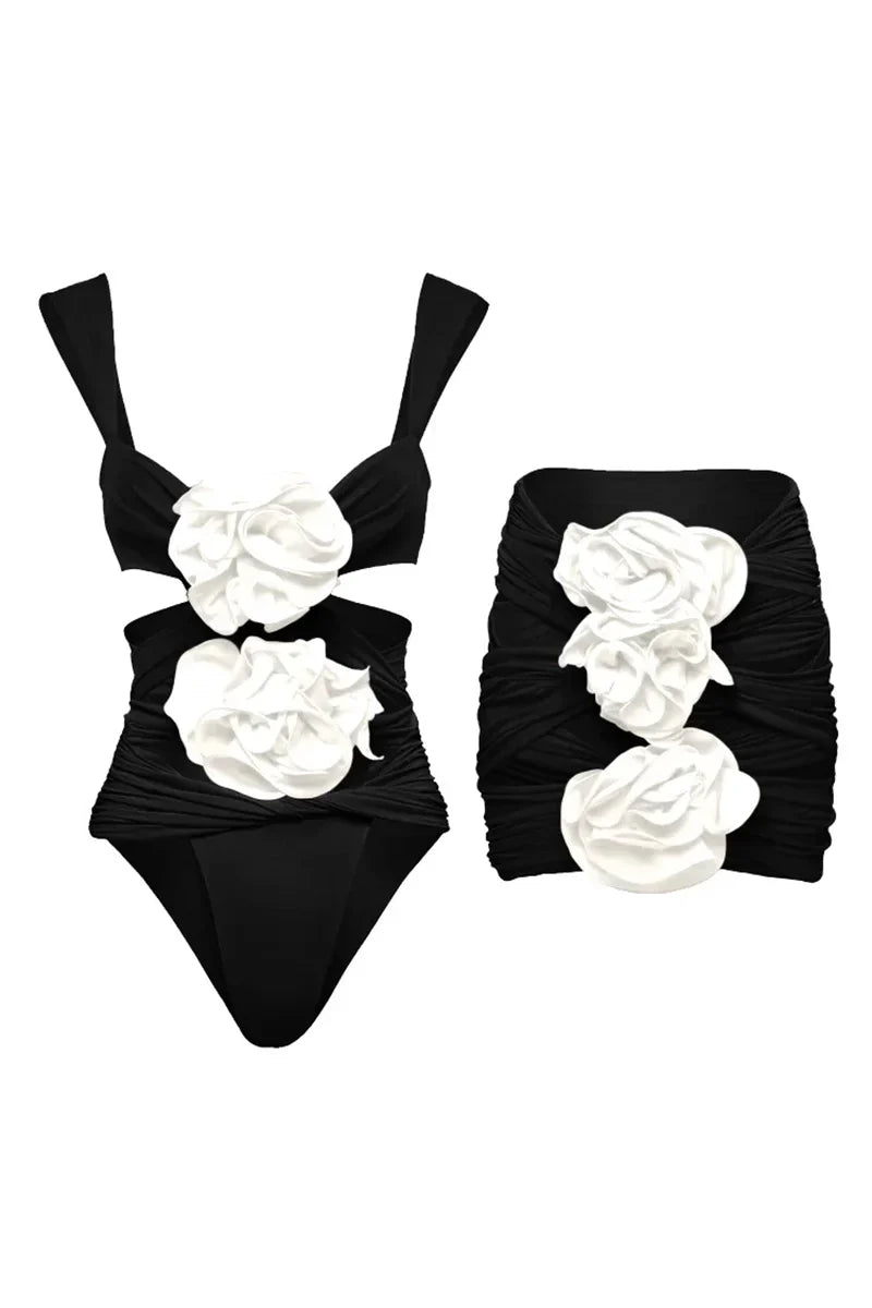 3D-Blumen Badeanzug-Set in Schwarz im modernen Stil