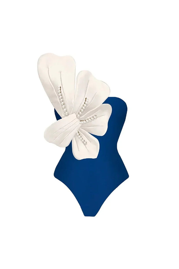 Blaues Badeanzug-Set mit Perlen- und Blumenakzenten im modernen Stil
