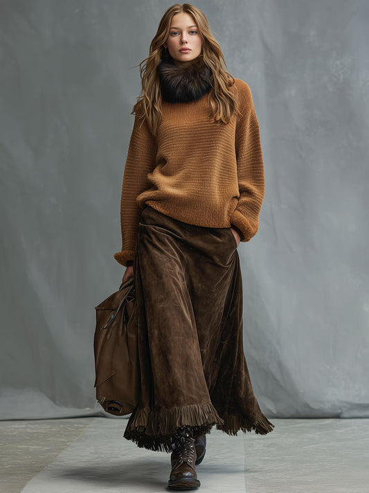 Lässiger Vintage Rock aus Kunstwildleder in Kakao Braun mit Quasten im modernen Stil