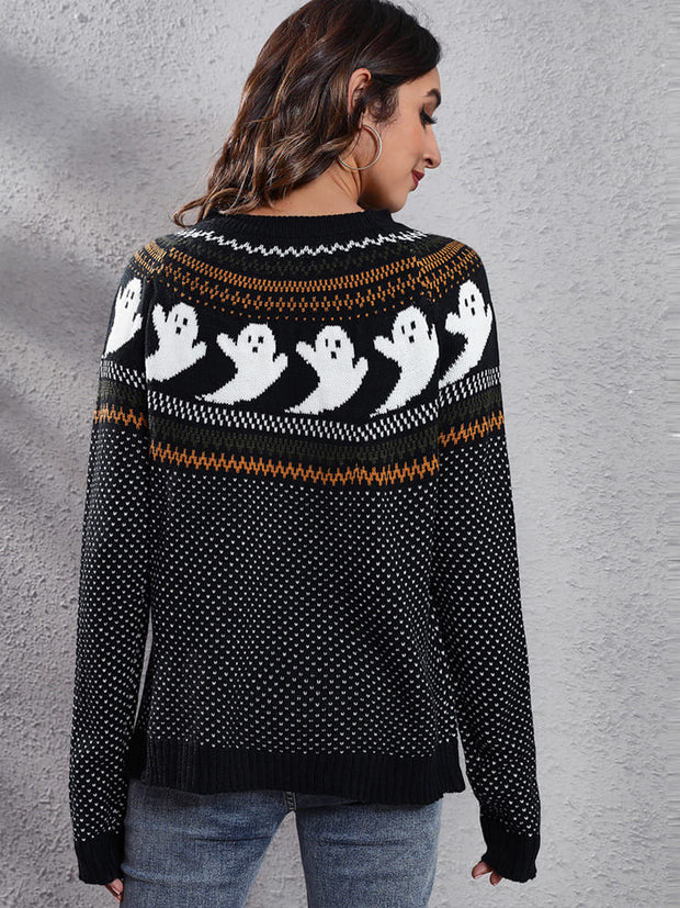 Gestrickter Pullover mit Rundhals und literarischem Retro-Geistermuster