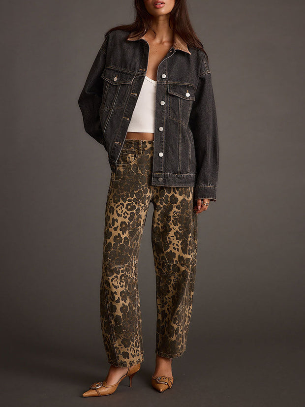 Retro Western Leoparden-Jeans mit weitem Bein im modernen Stil