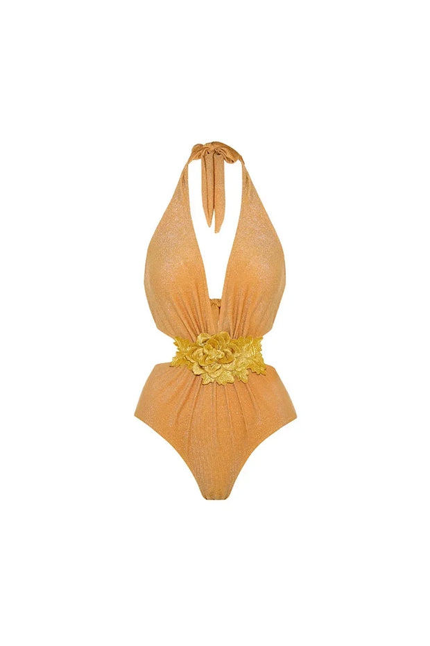 Goldener Neckholder Badeanzug mit tiefem V-Ausschnitt im modernen Stil
