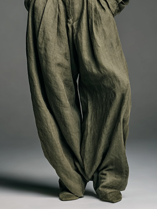 Damenmode Zweiteiler aus Baumwoll-Leinen-Mischung mit Langarmhemd und weitem Hosenbein im modernen Stil