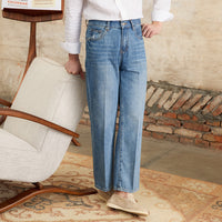 Hose aus Baumwolle und Denim mit geradem Schnitt und Bundfalten