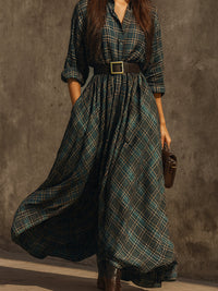 Retro kariertes Langes Kleid aus Baumwollmischung mit Gürtel und einreihiger Knopfleiste