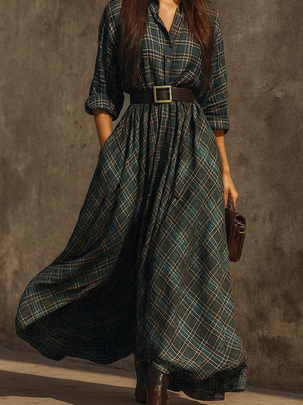 Retro kariertes Langes Kleid aus Baumwollmischung mit Gürtel und einreihiger Knopfleiste