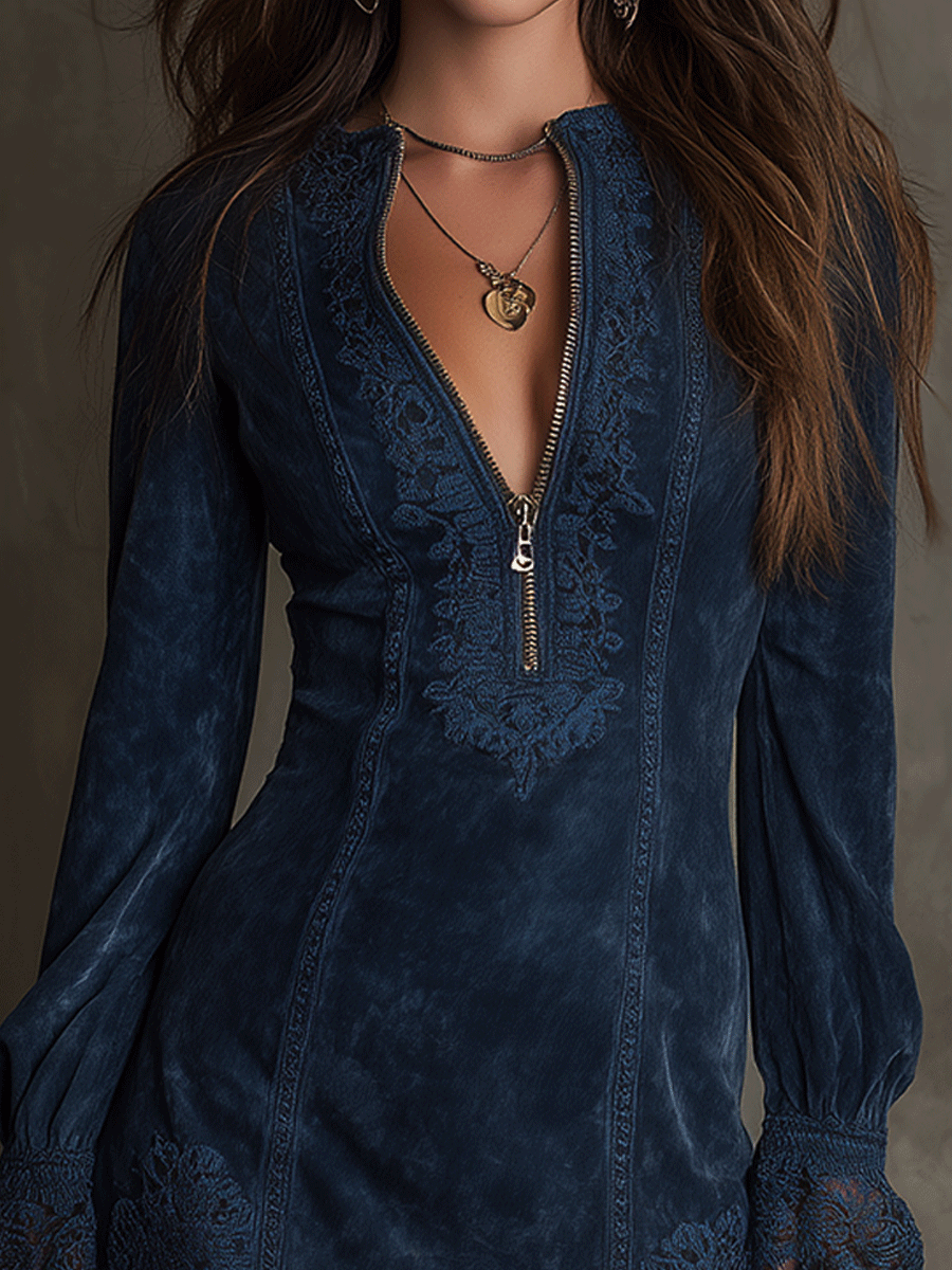 Vintage Mini-Kleid aus blauem Wildleder mit Spitzenbesatz im modernen Stil