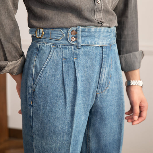 Hose aus Denim mit geradem Schnitt und Bundfalten im Vintage-Stil