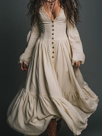 Elegantes Vintage-Spitzenkleid mit einreihiger Knopfleiste aus Baumwolle, Maxi-Länge im modernen Stil