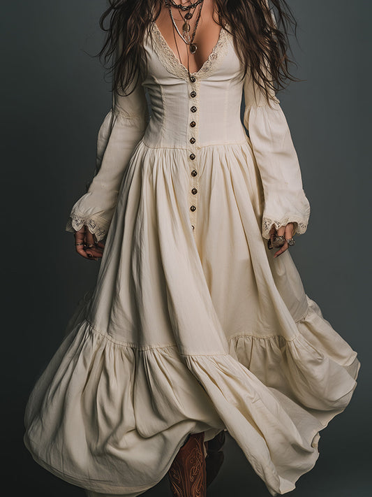 Elegantes Vintage-Spitzenkleid mit einreihiger Knopfleiste aus Baumwolle, Maxi-Länge im modernen Stil