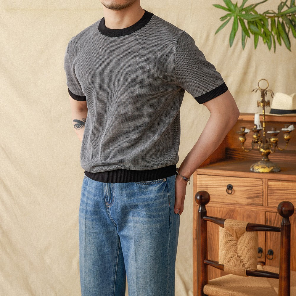 T-Shirt mit Wabenstruktur, Kontrastdetails und kurzen Ärmeln