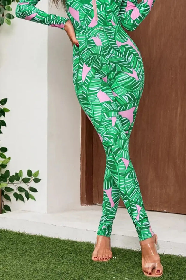 Grünes Surf-Badeanzug-Set mit Reißverschluss und langem, bedrucktem Ärmel im modernen Stil