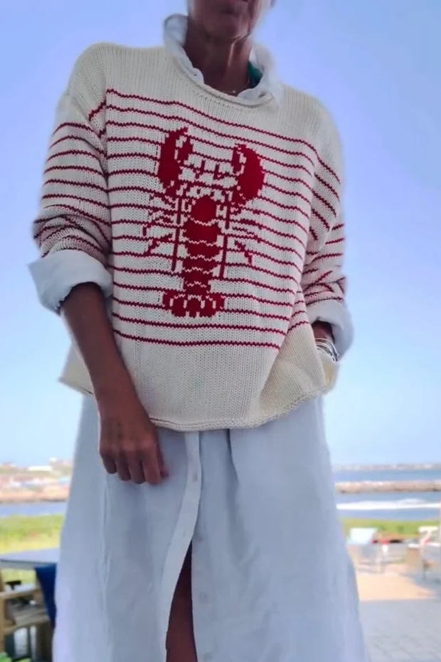 Pullover mit Hummer-Motiv in Creme und Rot gestreift im modernen Stil