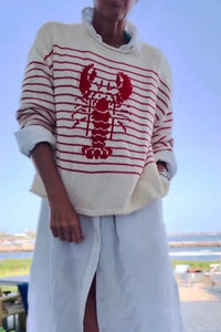 Pullover mit Hummer-Motiv in Creme und Rot gestreift im modernen Stil