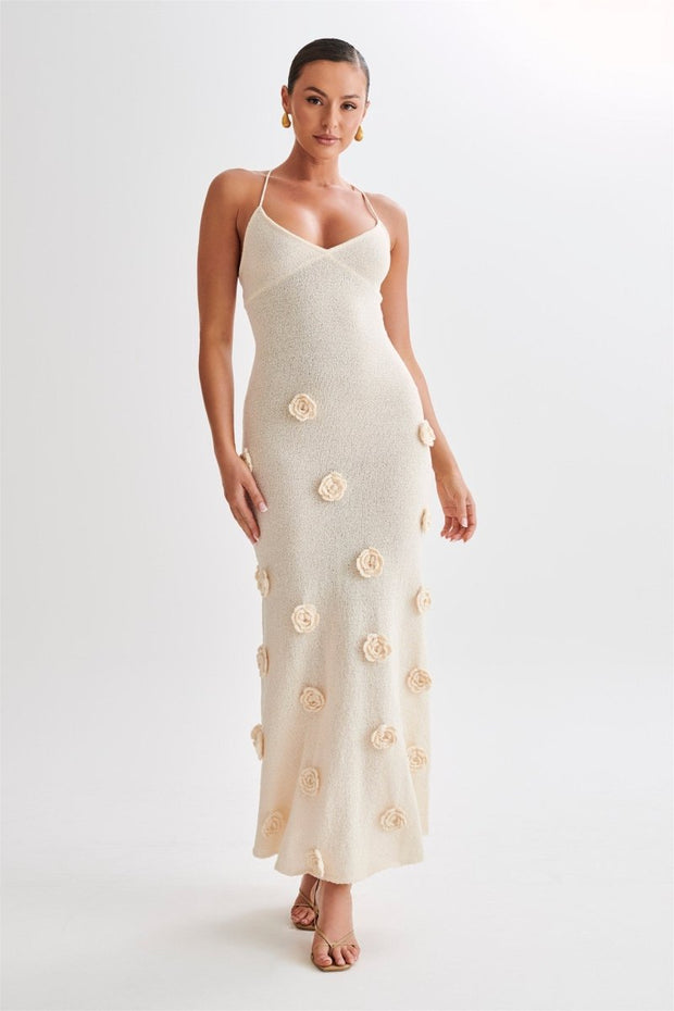 Edwina – Gestricktes Maxikleid mit V-Neck und Blumenmuster