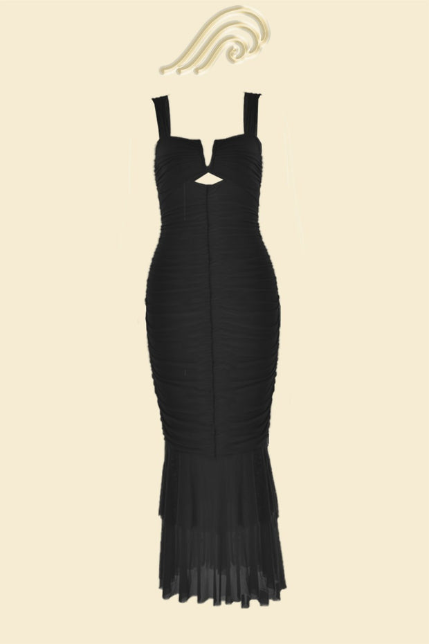 Ethel – Ausgestelltes, gerafftes Kleid in Midi-Länge aus Netzstoff
