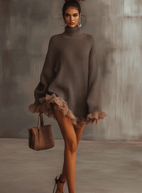 Braunes Rollkragenkleid mit gerafftem Saum im modernen Stil
