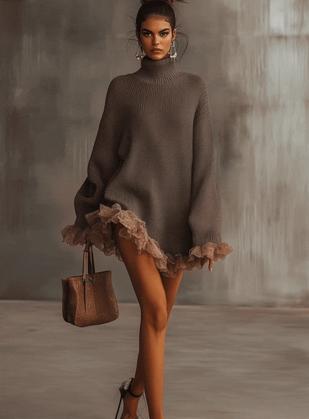 Braunes Rollkragenkleid mit gerafftem Saum im modernen Stil