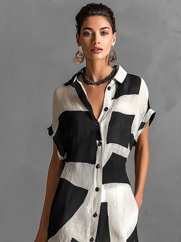 Maxikleid mit Kurzarm und geometrischem Baumwoll-Leinen-Muster