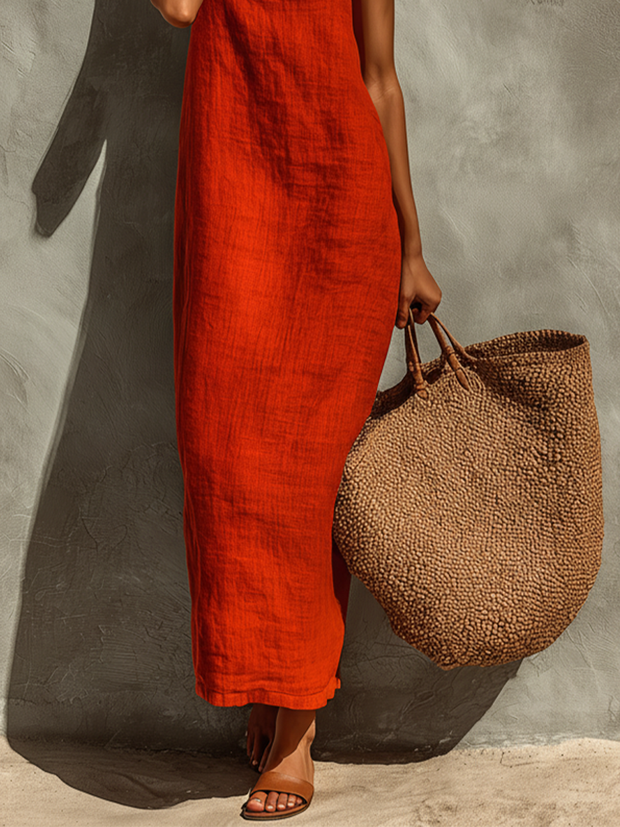 Rotes Baumwollkleid mit quadratischem Ausschnitt und Spaghettiträgern