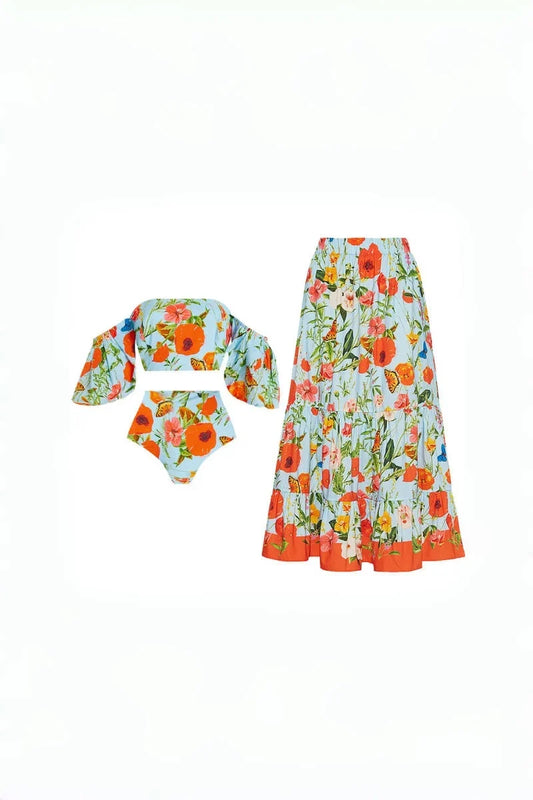 Bikini-Set mit Blumenmuster, Puffärmeln und hoher Taille im modernen Stil