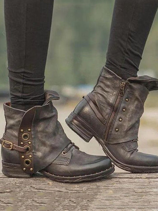 Vintage Nieten-Patch-Schnallen-Stiefeletten im modernen Stil