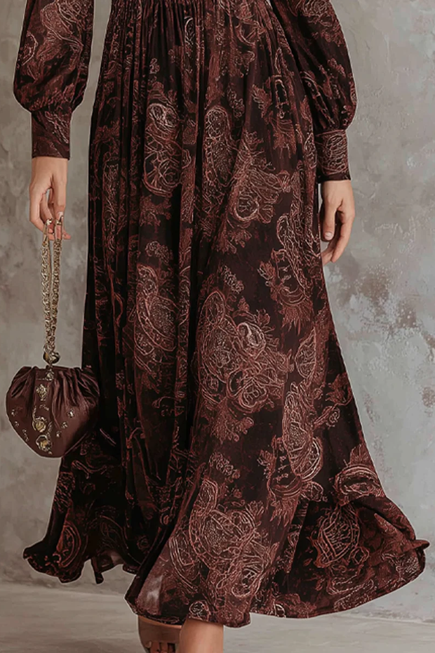 Braunes Paisley-Muster Langes Kleid mit Reißverschluss und Taillengürtel