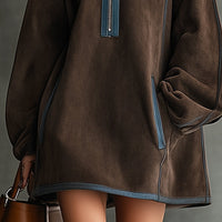 Herbst- und Winterkleid im Western-Retro-Stil aus Wildlederstoff, locker, mit Stehkragen und Reißverschluss-Dekoration