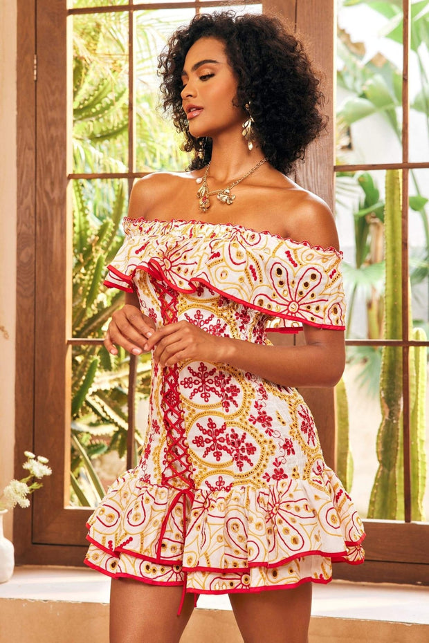 Schulterfreies Kurzes Kleid „Fiona“ mit Stickerei und Aufdruck