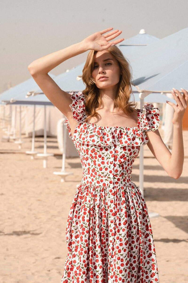 Griselda – Kleid in Midi-Länge mit Rüschen und Kirschmuster