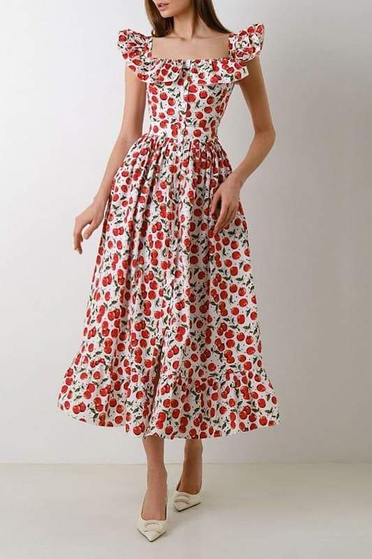 Griselda – Kleid in Midi-Länge mit Rüschen und Kirschmuster