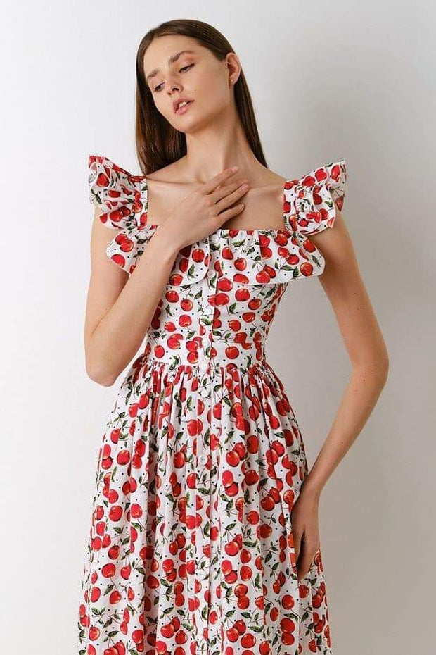 Griselda – Kleid in Midi-Länge mit Rüschen und Kirschmuster