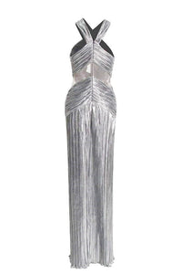 Heloise – Langes Kleid mit Neckholder und überkreuztem Dekolleté in Metallic