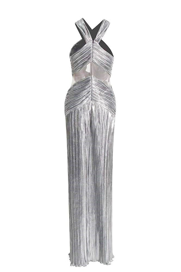 Heloise – Langes Kleid mit Neckholder und überkreuztem Dekolleté in Metallic