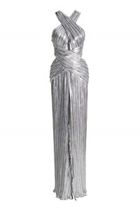 Heloise – Langes Kleid mit Neckholder und überkreuztem Dekolleté in Metallic