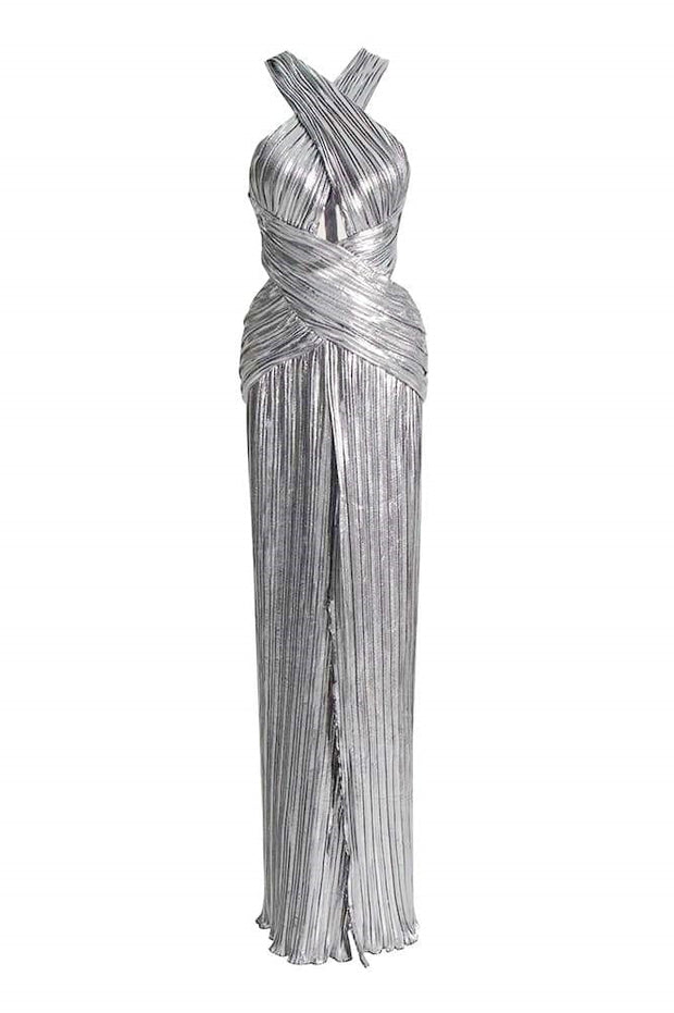 Heloise – Langes Kleid mit Neckholder und überkreuztem Dekolleté in Metallic