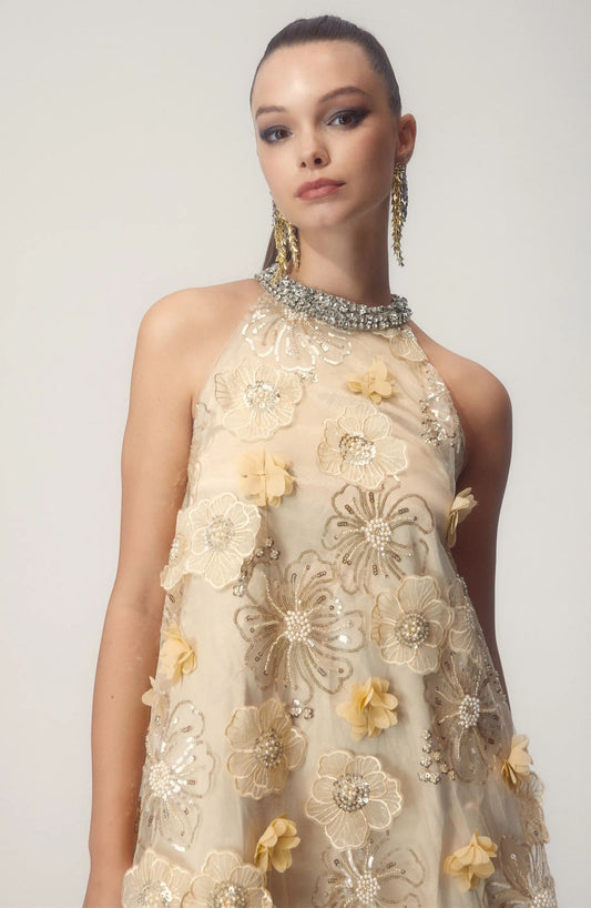 Ella Neckholder-Kurzes Kleid mit bestickten Pailletten und Blumen