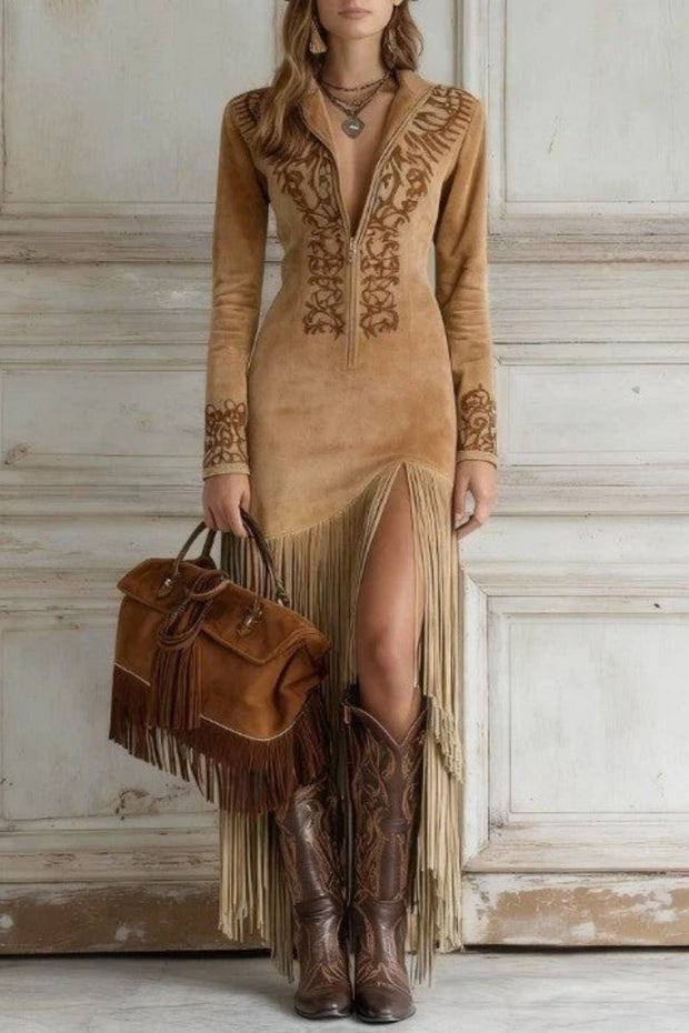 Western Langes Kleid mit halbem Reißverschluss, besticktem Kunstwildleder und Fransen