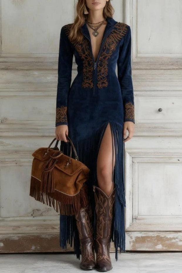Western Langes Kleid mit halbem Reißverschluss, besticktem Kunstwildleder und Fransen