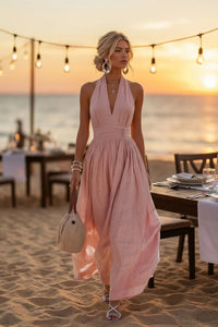 Neckholder-Neck-Kleid aus Baumwoll-Leinen im Resort-Stil