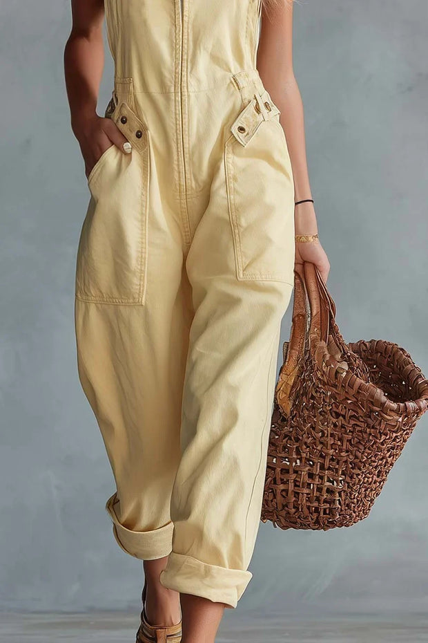 Hellgelber Jeans-Overall – Retro-Chic mit quadratischem Ausschnitt