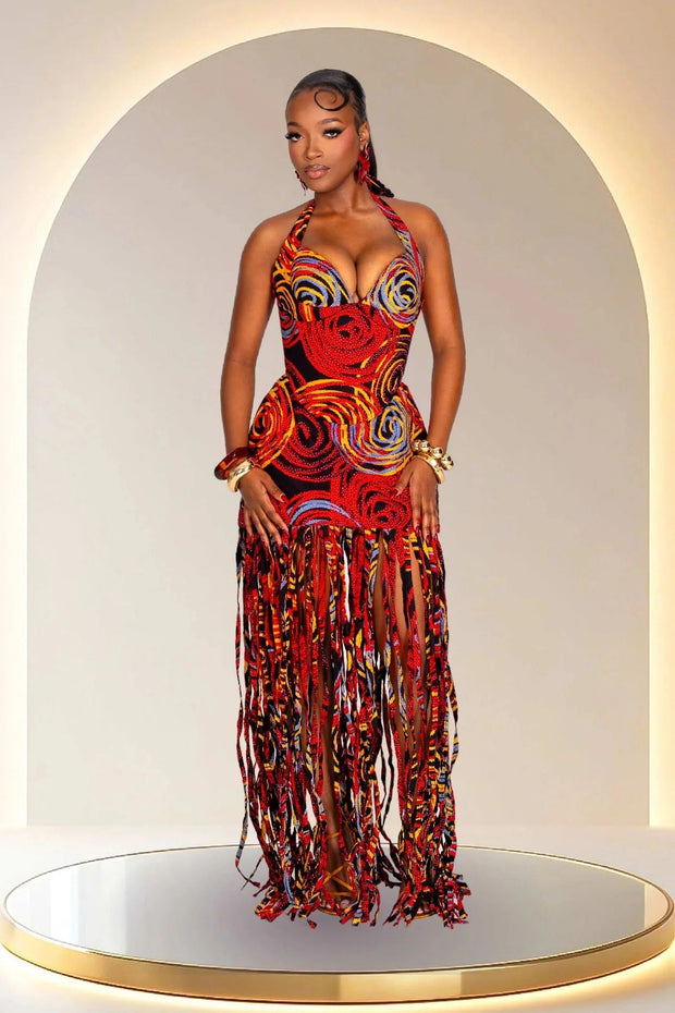 Statement Neckholder-Fransen-Maxikleid