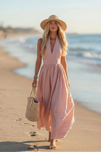 Neckholder-Neck-Kleid aus Baumwoll-Leinen im Resort-Stil