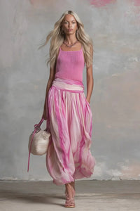 Geripptes Strick-Oberteil & Bedrucktes Chiffon-Midirock-Set