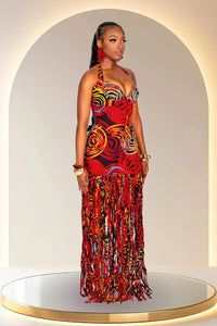 Statement Neckholder-Fransen-Maxikleid