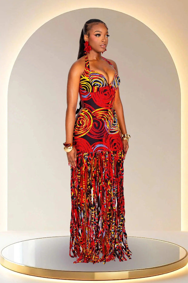 Statement Neckholder-Fransen-Maxikleid