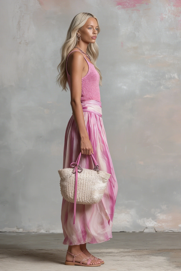 Geripptes Strick-Oberteil & Bedrucktes Chiffon-Midirock-Set